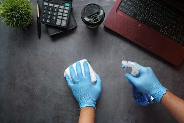 Hands cleaning desk